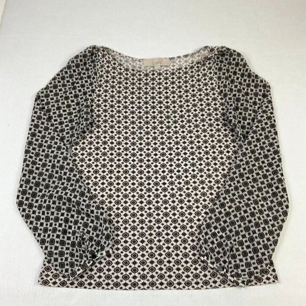LOFT Womens Blouse Printed Sheer Long Sleeve Boat Neck Top Casual Shirt S Small